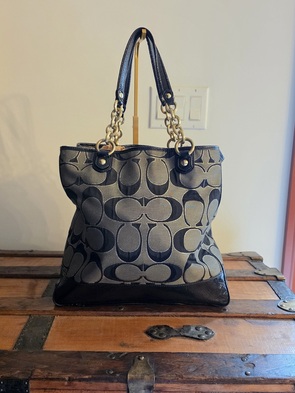 Coach Poppy Signature Lurex Push-Lock Satchel Tote Bag – Black/Gray - Picture 2 of 15